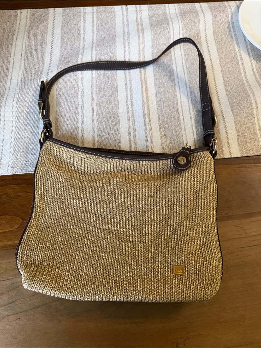The Sak Beige Woven Shoulder Bag with Dark Brown Trim